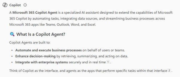 Microsoft 365 Copilot explaining what a Copilot agent is